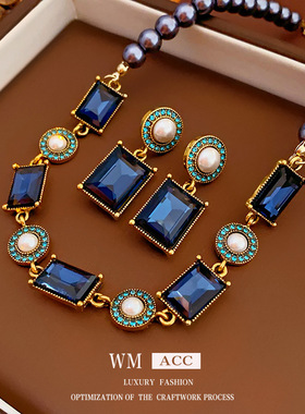 中古vintage项链镶钻方形拼接