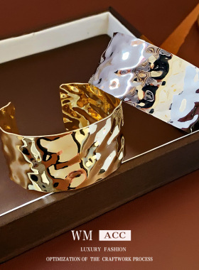 欧美褶皱圆形开口金属手镯冷淡风