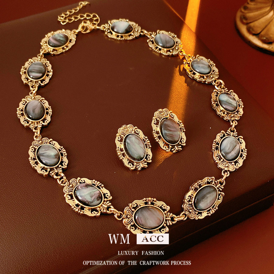 中古vintage树脂椭圆耳钉项链时尚简约百搭套装复古宫廷风饰品女,饰品/流行首饰/时尚饰品新,组合套装,淘宝优惠券,粉丝福利购,淘宝优惠卷