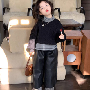 女童毛衣秋冬新款复古韩版黑色上衣加厚韩系针织衫圆领长袖套头衫