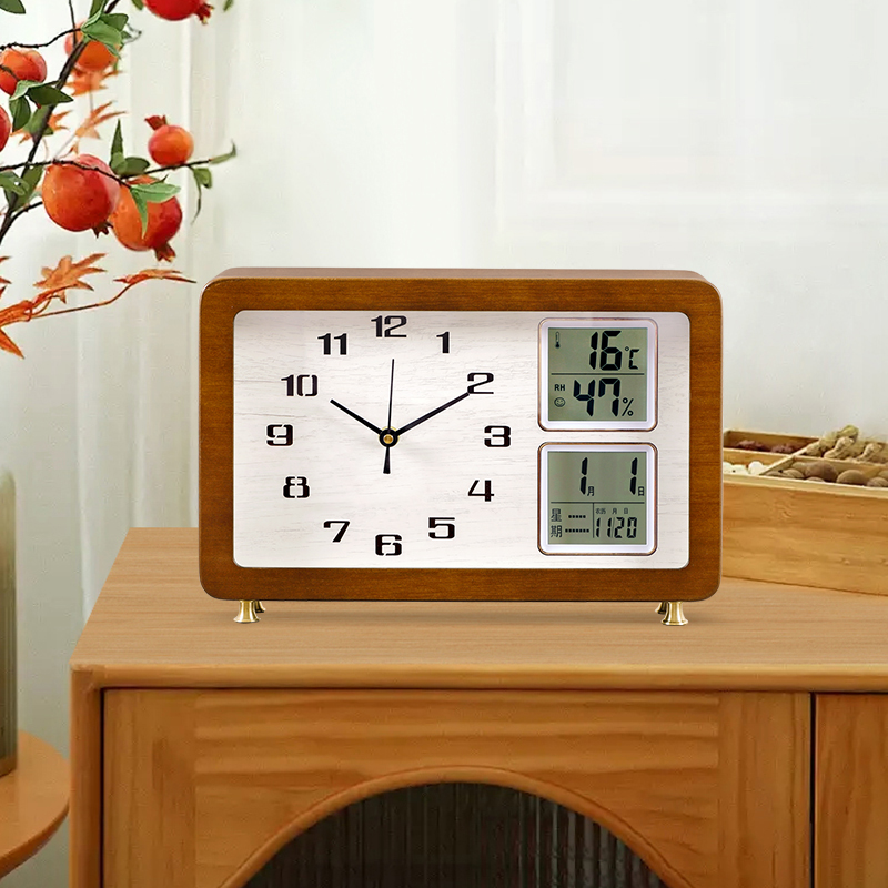 莊束2025新款實木靜音臺鐘萬年歷