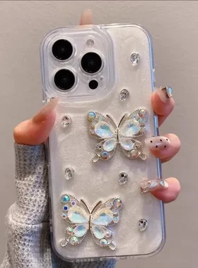适用苹果16promax手机壳iphone17新款高级感水钻蝴蝶15/13保护套X