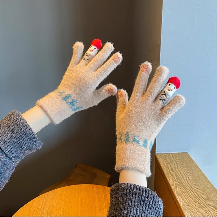 新年礼物红色毛线手套女冬保暖