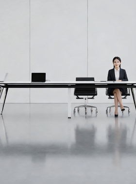 白色小型会议桌简约现代轻奢高级感钢架长桌子公司会议室桌椅组合