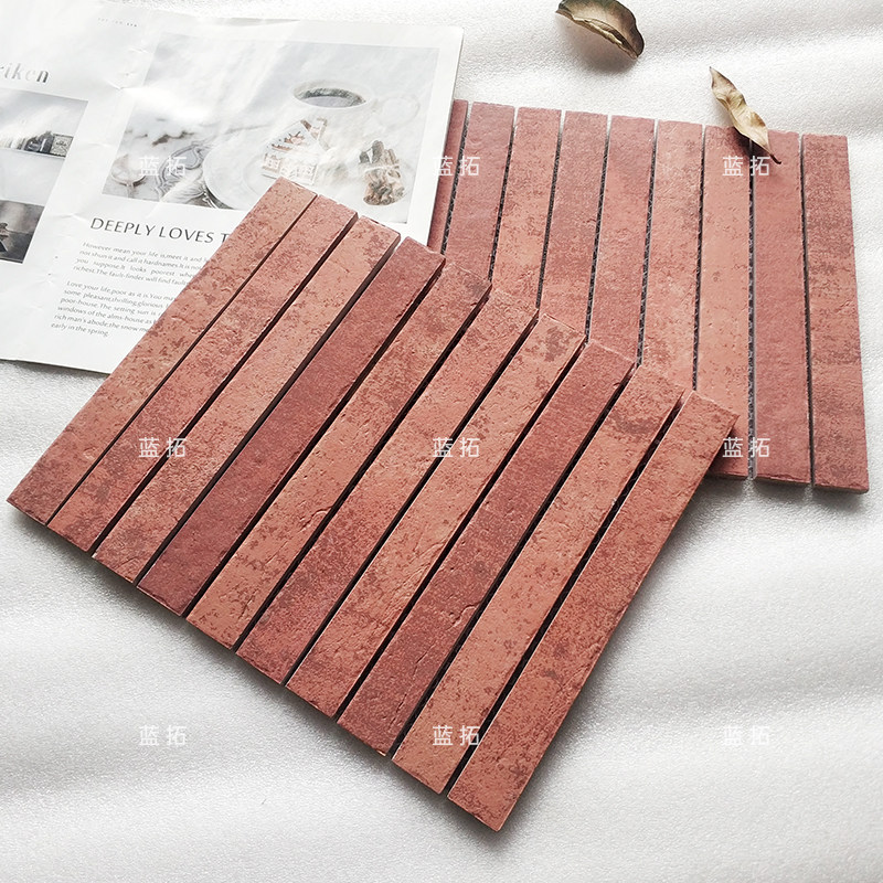 复古长条陶土红砖马赛克中古风咖啡厅奶茶餐饮店民宿卫生间背景墙