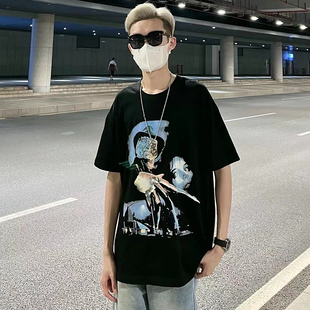 ins潮牌潮流超火个性印花圆领短袖T恤男网红同款时尚体恤2025夏季