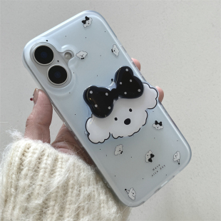 ins小清新蓝色波点蝴蝶结小狗手机壳适用iphone16promax带支架苹果15软壳14新款双层女款13Promax防摔保护套