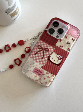 韩系ins红色格纹拼接kt猫双层手机壳适用iphone16promax带链条苹果15软壳14新款可爱12pro女款13P防摔保护套