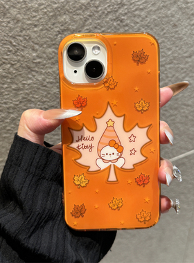 秋冬ins高级感橙色枫叶kt猫咪苹果13手机壳16pro新款iphone17promax少女心15创意全包双层硬壳14p保护套适用
