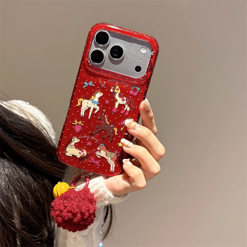 新年ins红色卡通可爱波点小马苹果13毛球铃铛挂件手机壳16pro新款iphone17promax女款15创意双层14保护套适用,3C数码配件,手机保护套/壳,淘宝优惠券,粉丝福利购,淘宝优惠卷