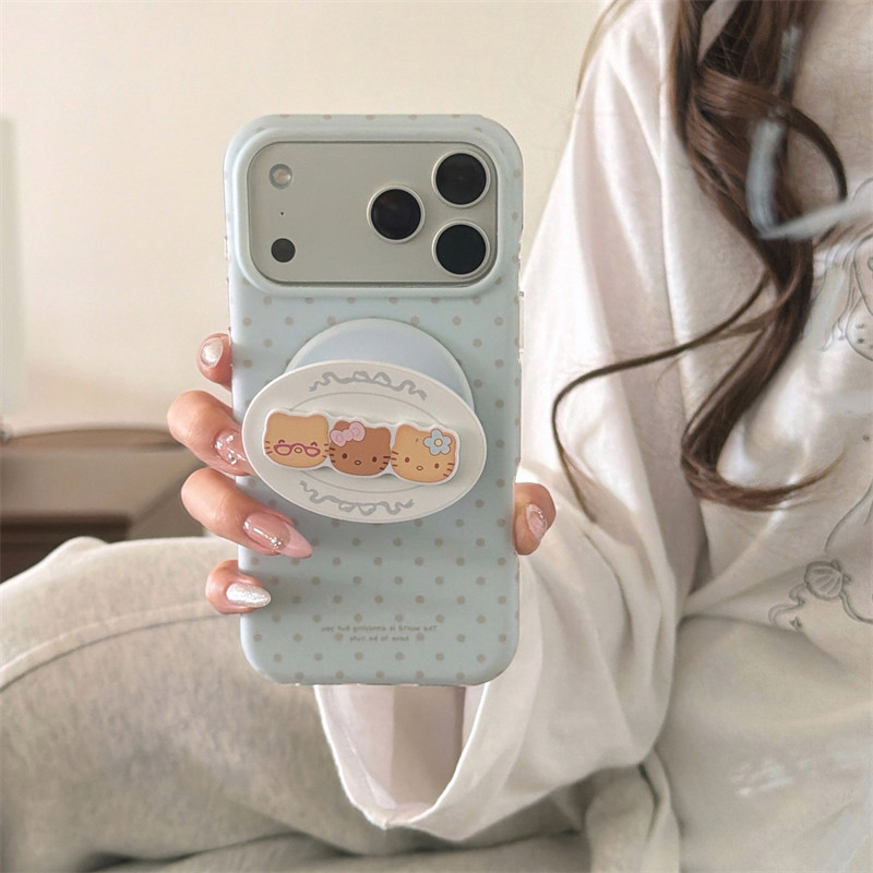 韩风ins小清新淡蓝色波点适用苹果可爱立体饼干猫咪磁吸支架手机壳17promax新款iphone16双层14防摔15p保护套