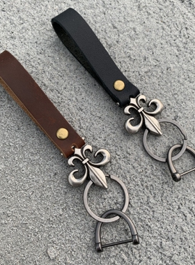 ironworks原创牛皮花十字架汽车钥匙扣马蹄扣复古手绳圈环设计感