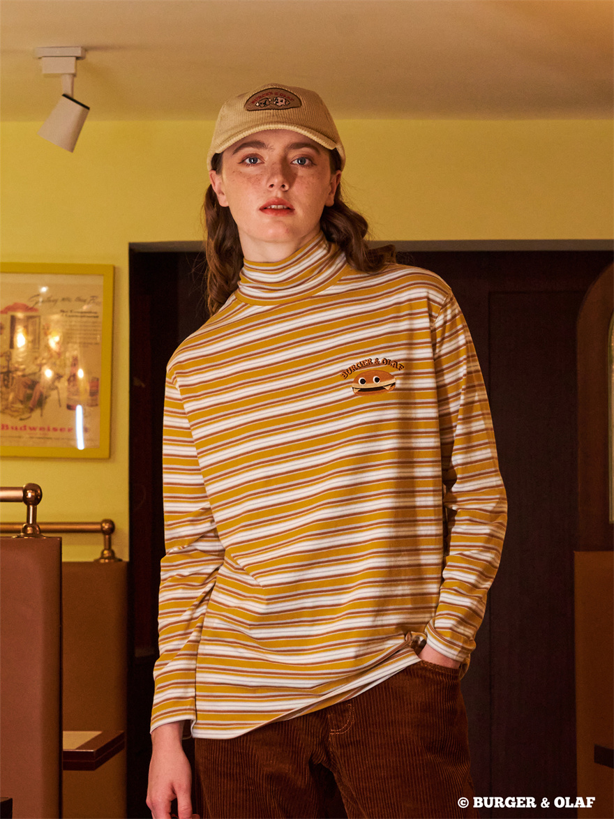 BAO0094  Cheeseguy 刺绣芝士汉堡 美式复古条纹高领打底 长袖T恤