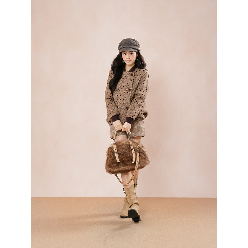 【板栗可可】日系复古套装女秋冬新款波点宽松外套格纹短裤两件套