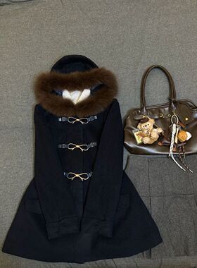 复古毛语 古早感miu系大衣冬季新款千金风学院蝴蝶结毛绒拼接外套