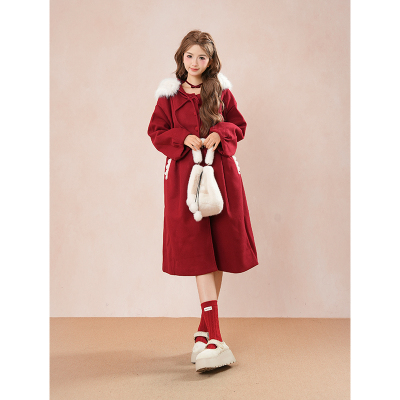 新年战袍学院风圣诞红色蝴蝶结大衣女秋冬季小个子中长款连帽外套
