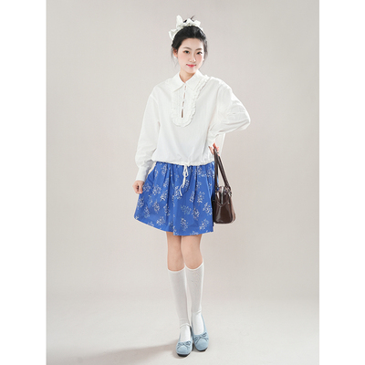 慵懒风翻领花边白色长袖衬衫女气质蓝色碎花半身裙两件套2025新款
