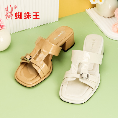蜘蛛王真皮漆皮女凉拖鞋夏季新款