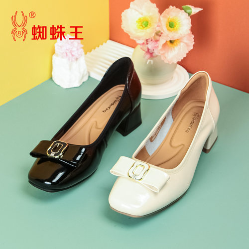 蜘蛛王真皮粗高跟女单鞋秋季新款