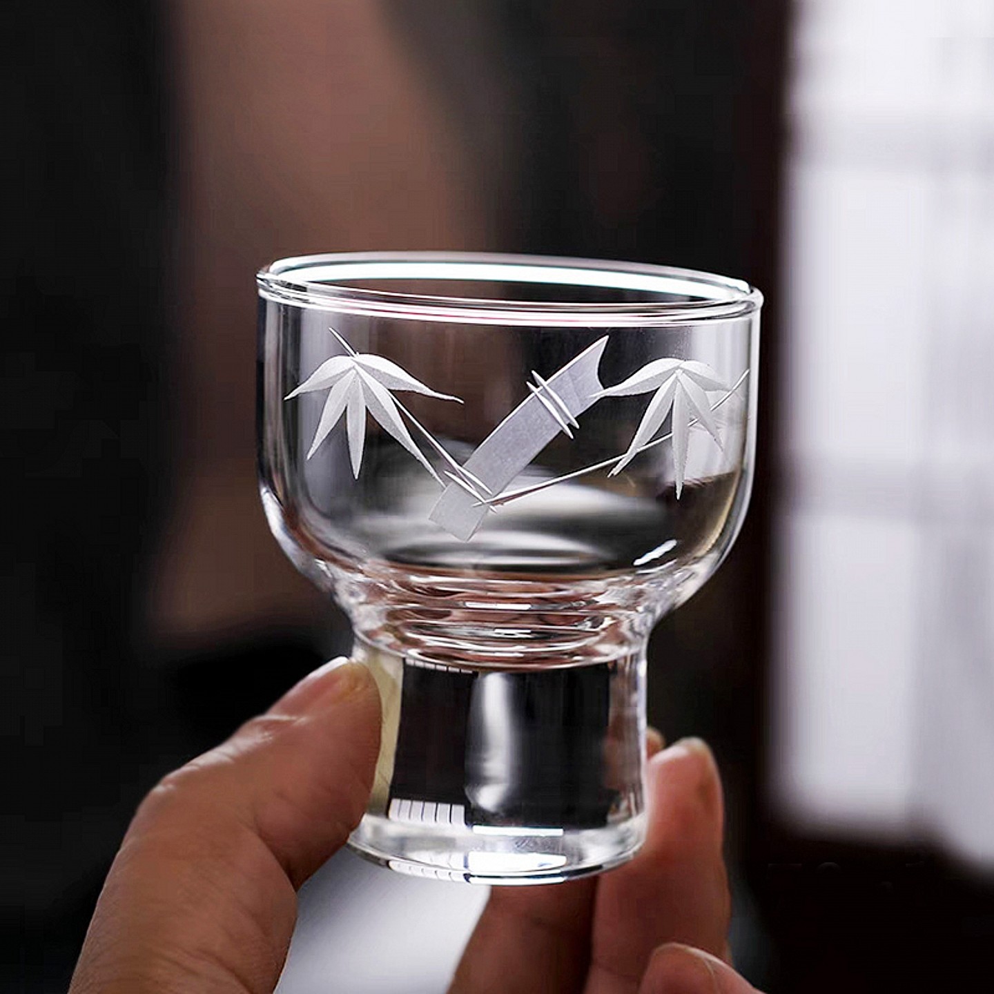 日式清酒杯竹子刻花玻璃小白酒杯子简约竹报平安富士山松竹梅厚底
