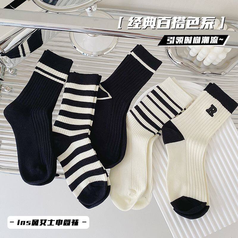 纯棉袜子女 isn潮百搭网红字母刺绣条纹高颜值秋季外穿长筒袜