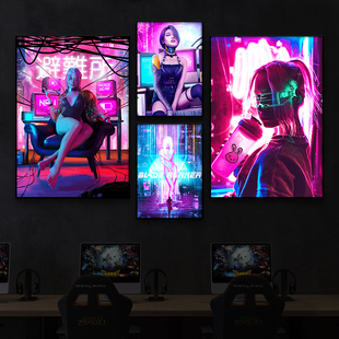电竞酒店房间装饰画网吧酒吧墙面赛博朋克氛围灯霓虹LED发光挂画