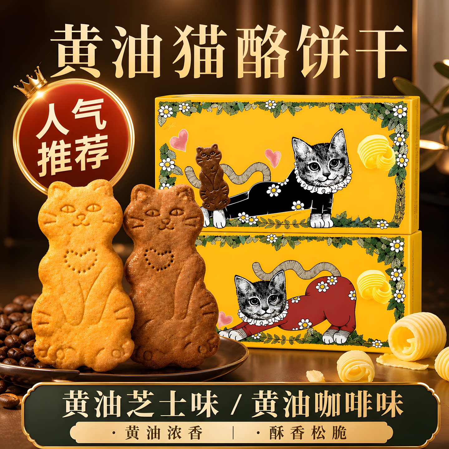 黄油猫酪饼干薄脆曲奇芝士咖啡牛奶猫咪状解馋休闲下午茶小吃零食