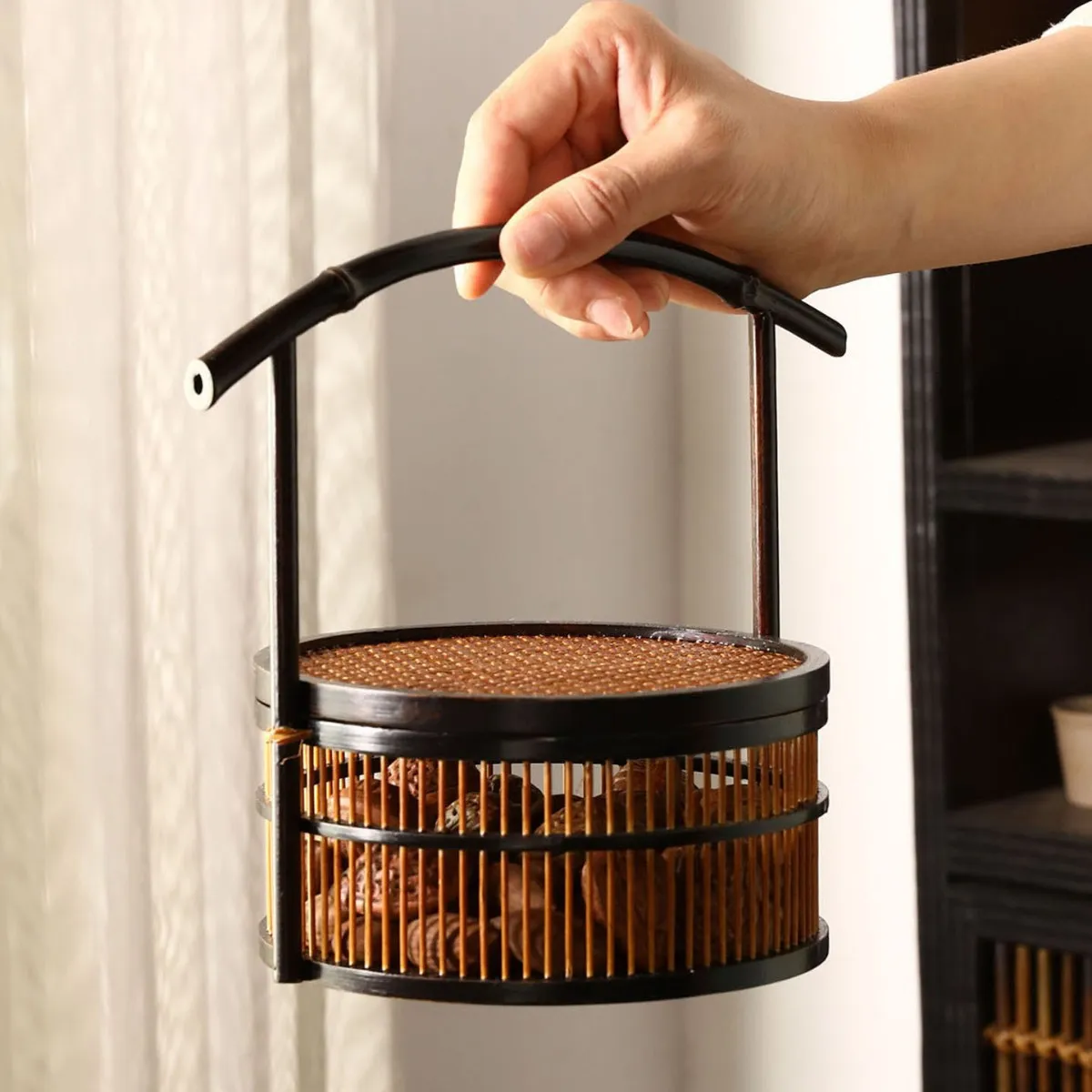 竹制品手工竹编迷你食盒点心收纳盒月饼篮中式家用多层茶点手提篮