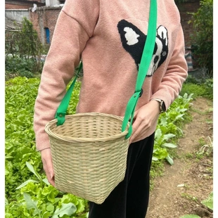可斜跨采茶篓竹编手工编织茶叶篓儿童双肩表演道具竹背篓采茶筐