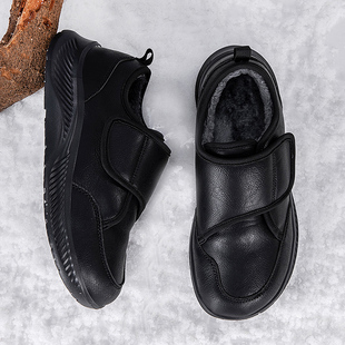 皮面防水防滑中老年鞋 加绒保暖魔术贴爸爸鞋 女 男冬季 外贸老人棉鞋
