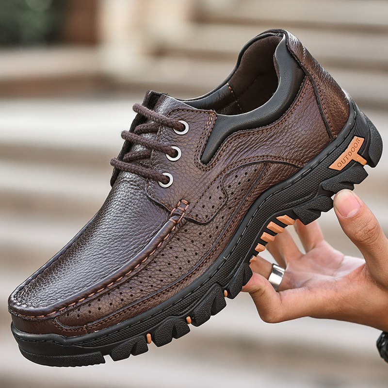 통관 픽업 남성 발가락 레이어 소가죽 남성 야외 캐주얼 가죽 신발 부드러운 표면 가죽 작업 신발 중년 아빠 신발