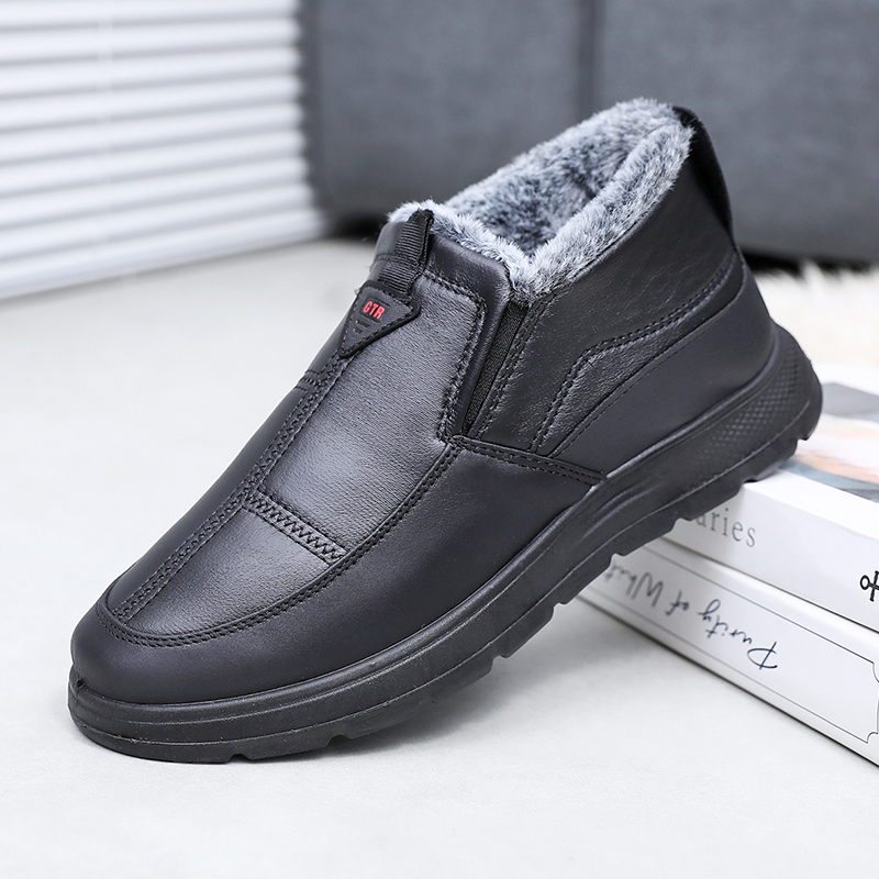 冬季新款老北京棉鞋皮面防水男加绒加厚保暖爸爸鞋中老年高帮棉鞋