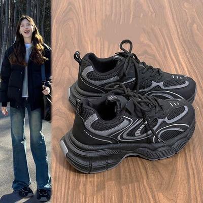 爆款小众黑色老爹鞋子女2025秋冬新款百搭学生厚底轻便休闲运动鞋