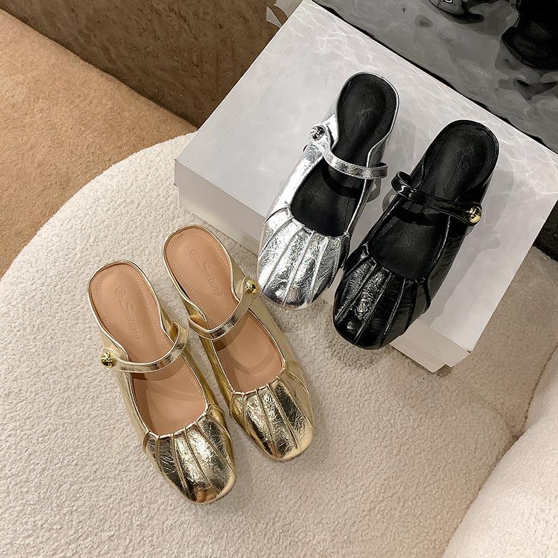 包头真皮小方头褶皱凉鞋一字带平底穆勒外穿玛丽珍半拖鞋潮女单鞋