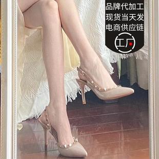 细跟 夏季 尖头软皮甜美鞋 搭扣包后空凉鞋 头铆钉高跟凉鞋