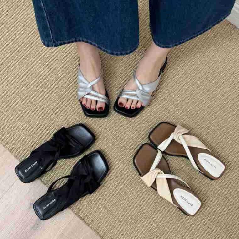 法式方头露趾拖鞋女高级感夏外穿交叉带一凉字拖厚底坡跟拖鞋