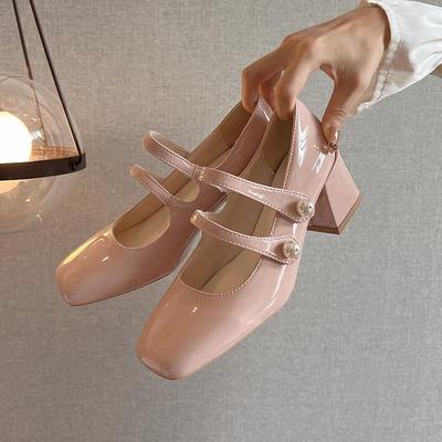 粉色高跟鞋女春秋季年新款粗跟方头晚风温柔法式玛丽珍女鞋子