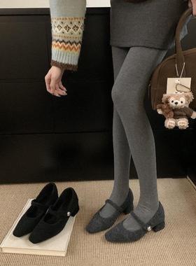 方头灰色粗跟单鞋女冬季款法式气质加绒晚晚高跟玛丽珍毛毛鞋