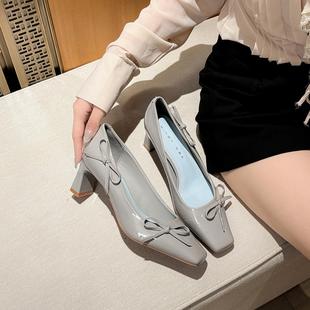 方头结气质漆皮浅口单鞋 法式 女粗跟2025年新款 6412高跟鞋