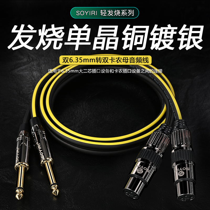 SOYIRI单晶铜镀银双6.35转对双卡农母插头二对二音频线 6.5卡侬母无线话筒调音台功放电子琴音箱响转换连接线