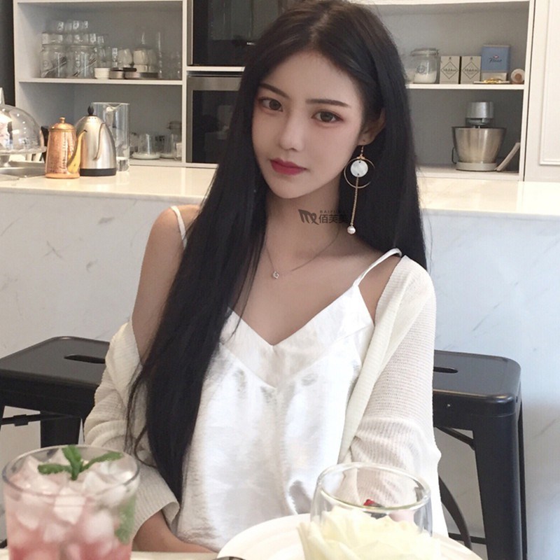 女生套头长发中分修脸学生可爱网红黑色全套斜刘海整