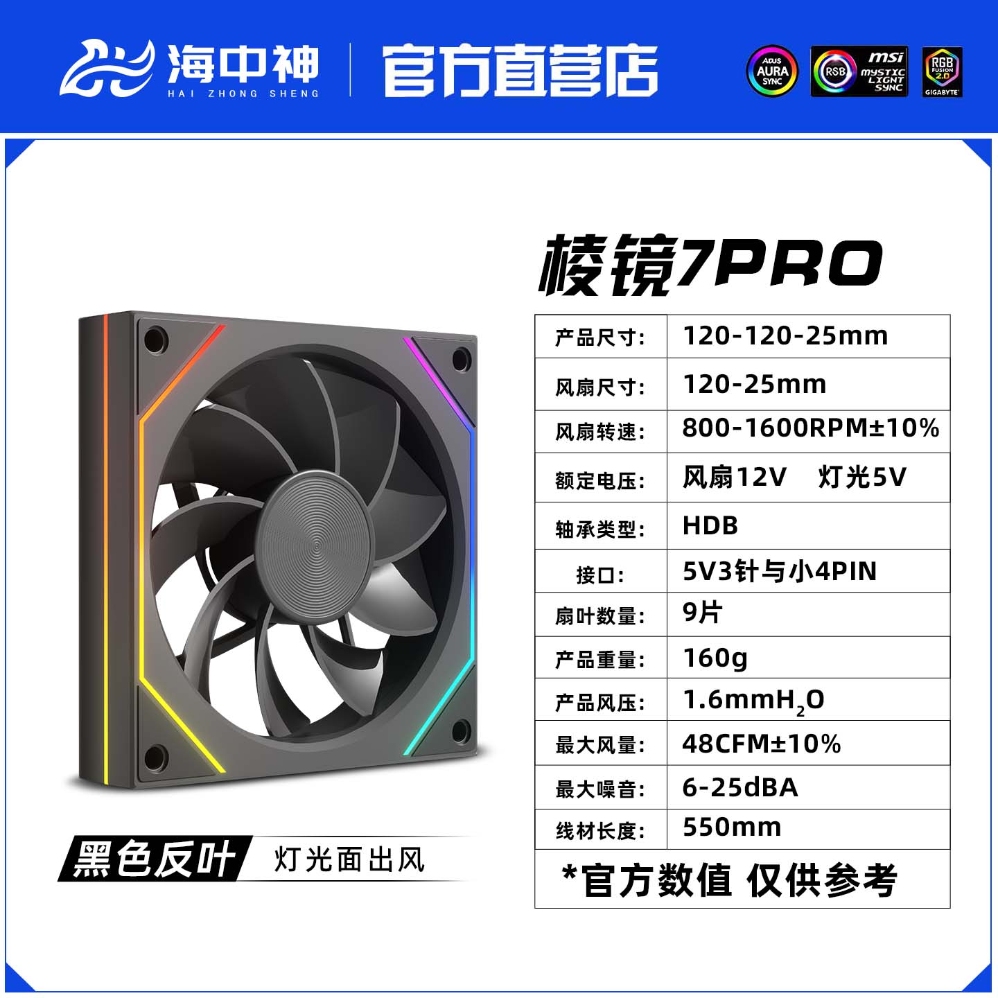 海中神棱镜7Pro带PWM温控CD纹 5v3针神光同步 12CM机箱散热风扇