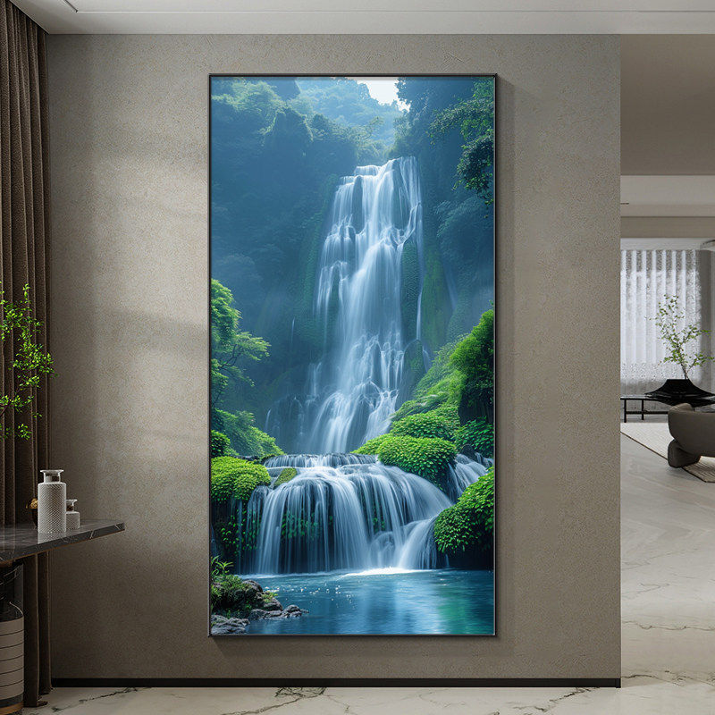 流水生财装饰画入户玄关挂画对门过道走廊壁画源远流长山水风景画