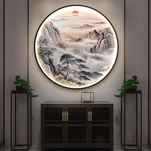新中式入户玄关装饰画办公室书房圆形带灯壁画茶室走廊山水挂画