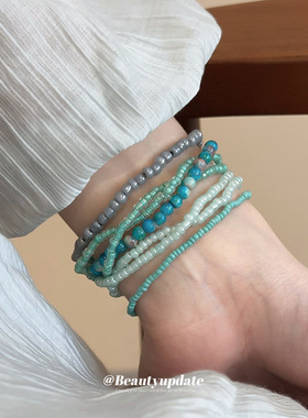 波西米亚风叠戴米珠手链七件套高级感多巴胺手串小众清新手饰批发