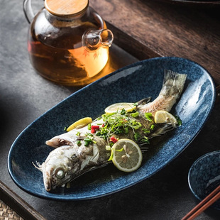 家用陶瓷盘装菜盘子大号青菜盘日式复古鱼盘清蒸鱼盘子随圆长条盘