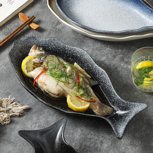 家用菜盘新款轻奢餐具陶瓷碟子盘子烤鱼蒸鱼盘子鱼盘高级感鱼形盘