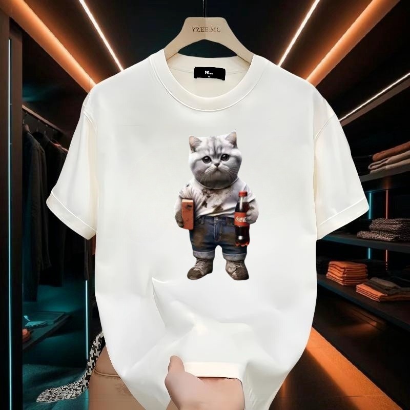 纯棉情侣高级感黑色圆领猫猫短袖男女卡通猫咪搞笑半袖打底衫T恤