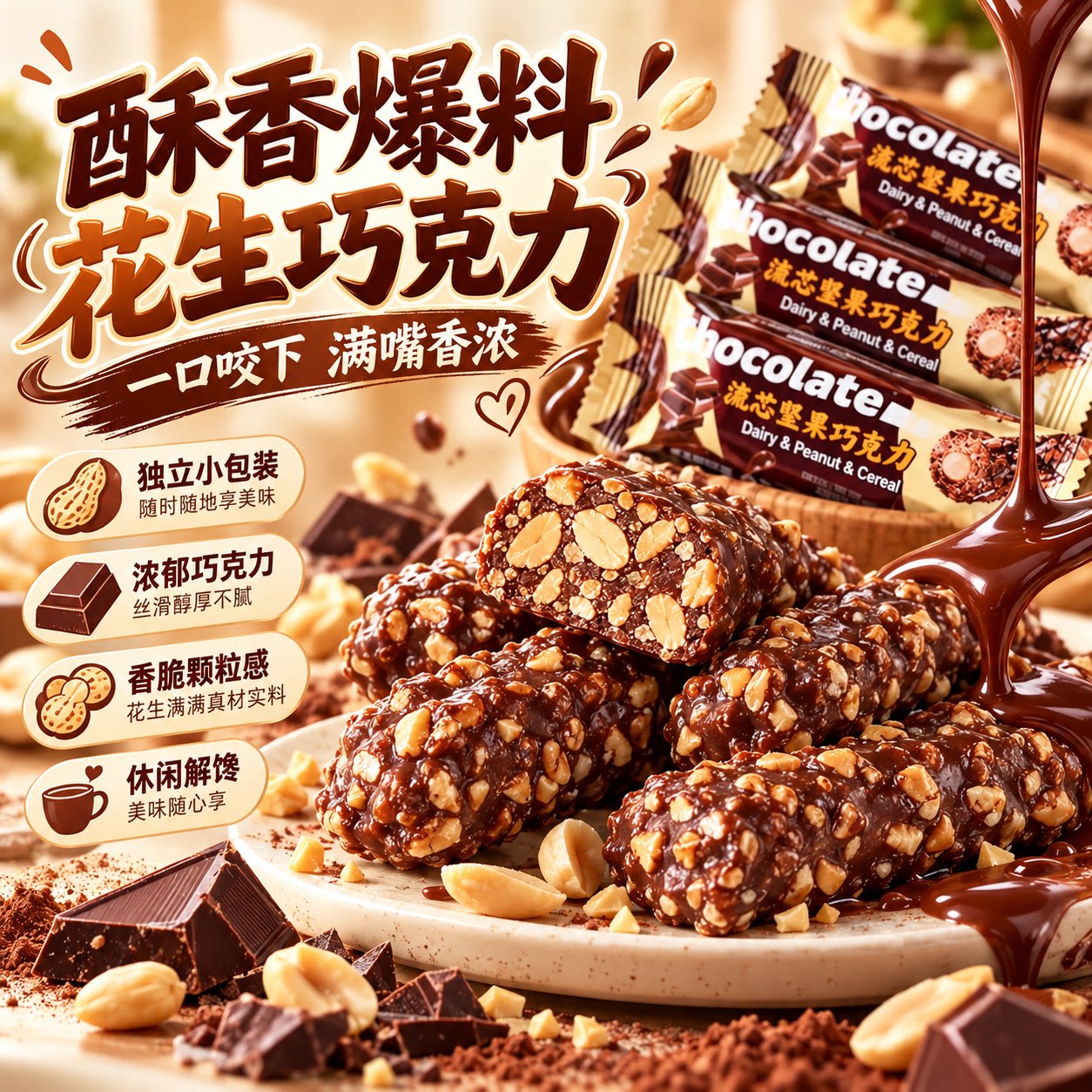 流心坚果巧克力棒花生解馋休闲零食丝滑醇厚美味酥香酥香爆料5gx