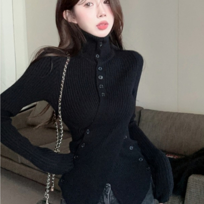 不规则半高领收腰针织衫